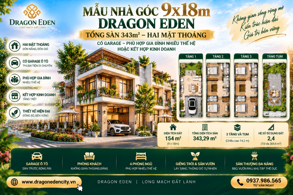 Mẫu Nhà Góc 9x18m Dragon Eden – Tổng Sàn 343m², Hai Mặt Thoáng, Có Garage Ô Tô